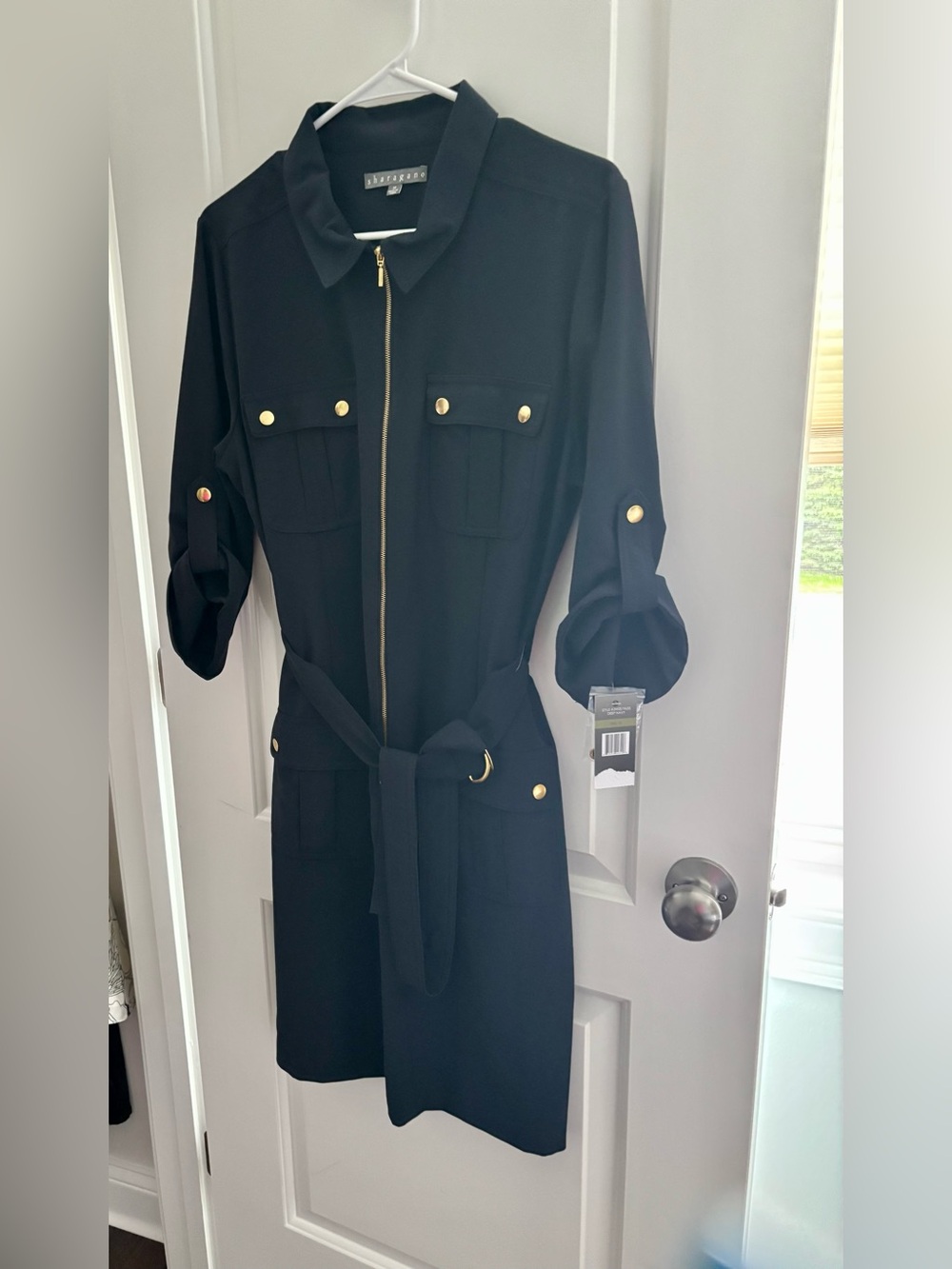 Sharagano Navy Long Sleeve Belted Dress
